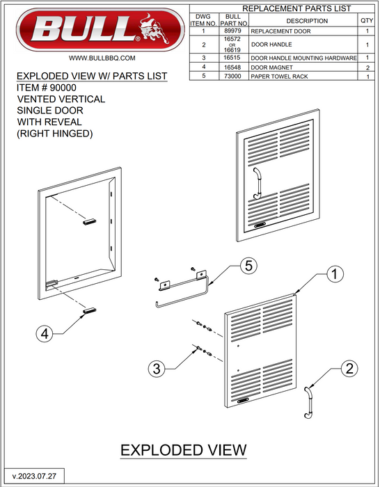 Bull 18-Inch Vented Stainless Steel Single Access Door W/ Reveal - Vertical - 90000