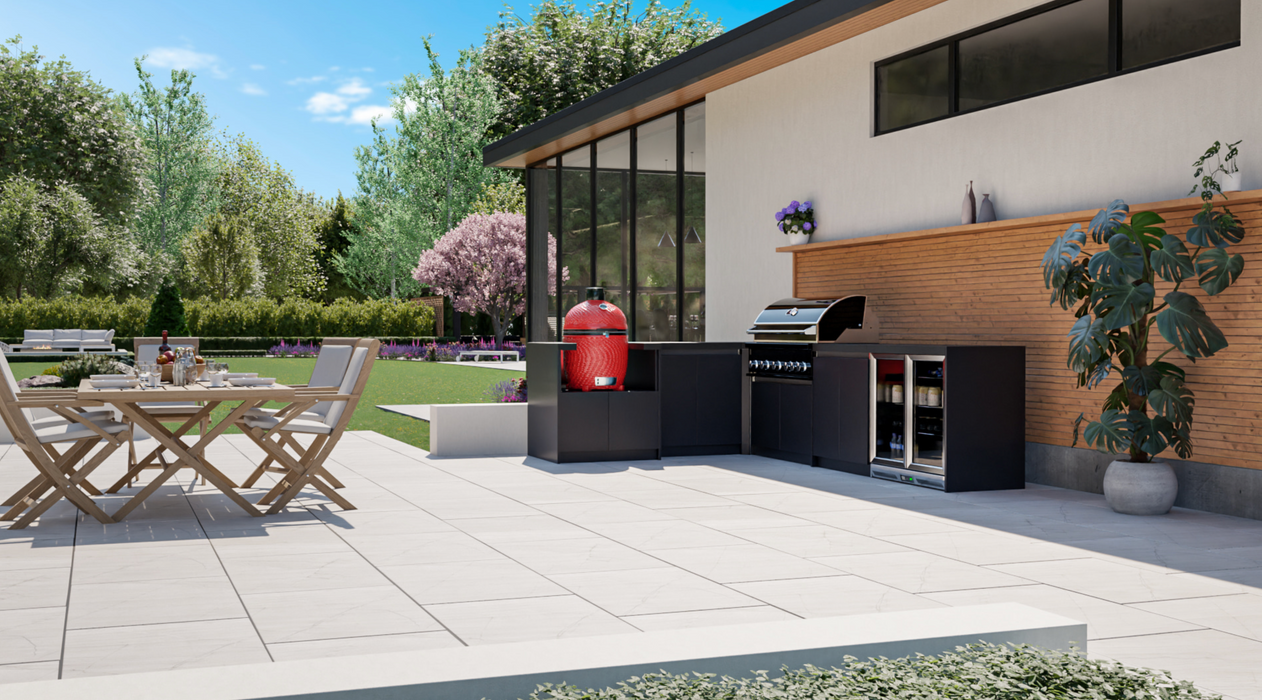 Whistler Fairford L Shape Black Outdoor Kitchen Burford 5 Burner Barbecue and Kamado Joe