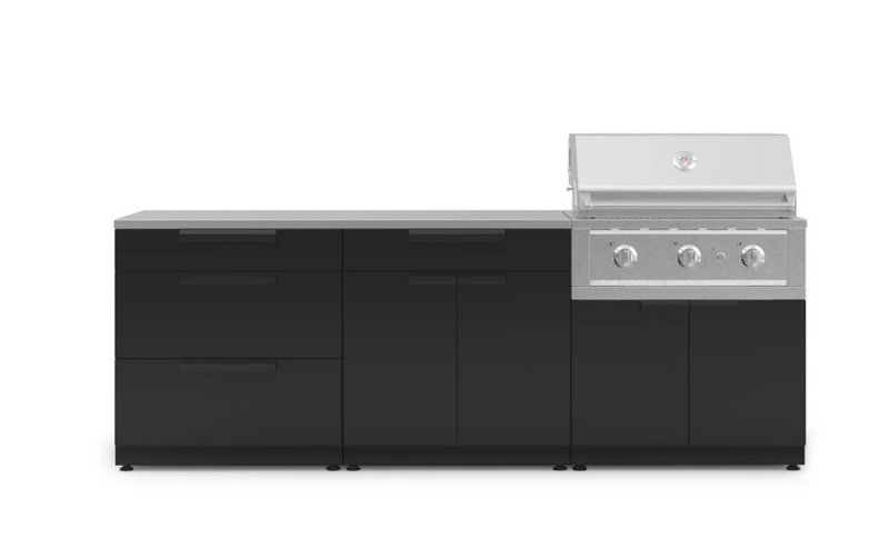 Outdoor Kitchen Black 5 Piece Cabinet Set with 3-Drawer, Bar, Grill Cabinet, Performance Grill and Countertop