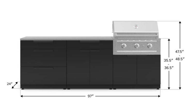 Outdoor Kitchen Black 5 Piece Cabinet Set with 3-Drawer, Bar, Grill Cabinet, Performance Grill and Countertop