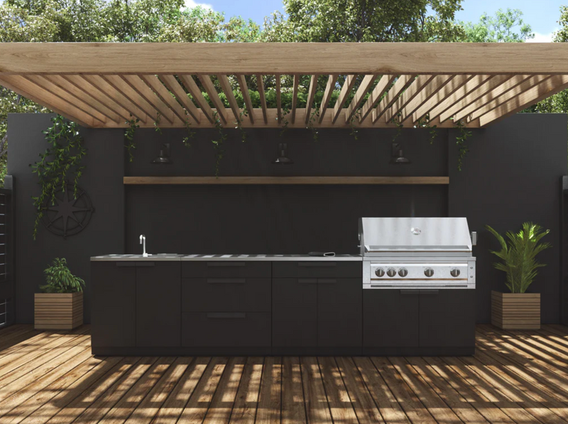 Outdoor Kitchen Black 5 Piece Cabinet Set with 3-Drawer, Bar, Grill Cabinet, Performance Grill and Countertop