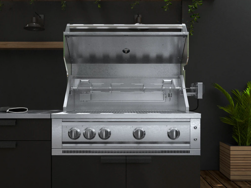 Outdoor Kitchen Black 5 Piece Cabinet Set with 3-Drawer, Bar, Grill Cabinet, Performance Grill and Countertop