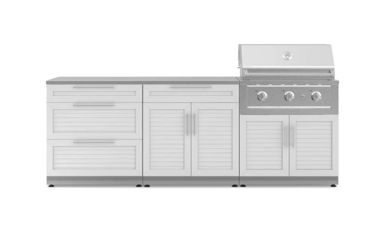 Outdoor Kitchen  Louvered White 5 Piece Cabinet Set with 3-Drawer, Bar, Grill Cabinet, Performance Grill and Countertop