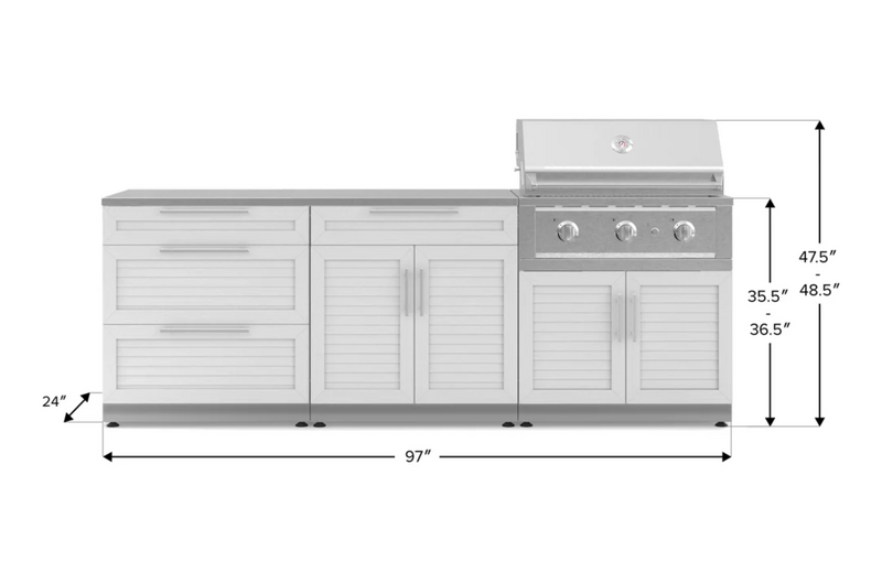 Outdoor Kitchen  Louvered White 5 Piece Cabinet Set with 3-Drawer, Bar, Grill Cabinet, Performance Grill and Countertop