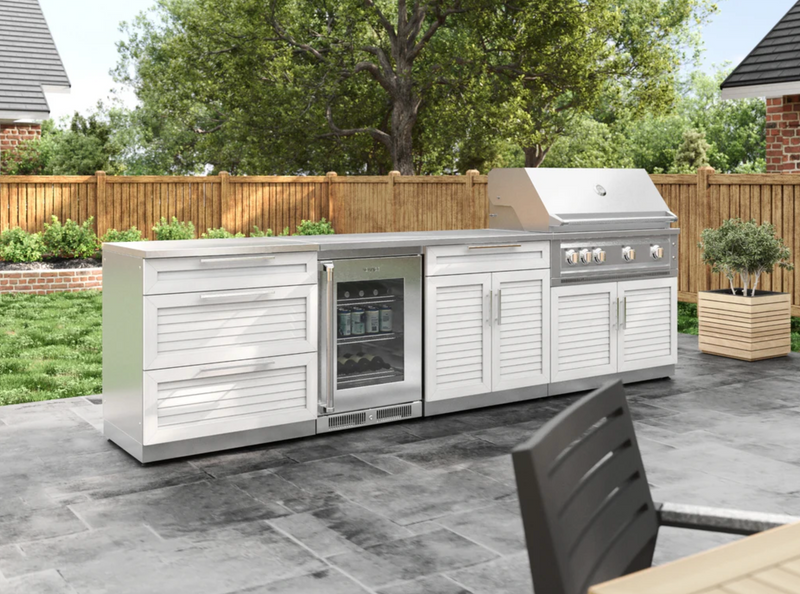 Outdoor Kitchen  Louvered White 5 Piece Cabinet Set with 3-Drawer, Bar, Grill Cabinet, Performance Grill and Countertop