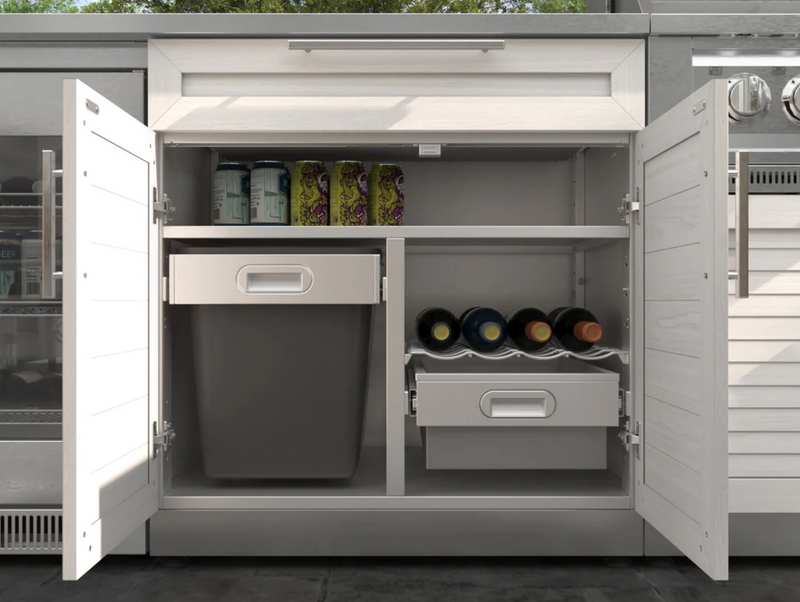 Outdoor Kitchen  Louvered White 5 Piece Cabinet Set with 3-Drawer, Bar, Grill Cabinet, Performance Grill and Countertop