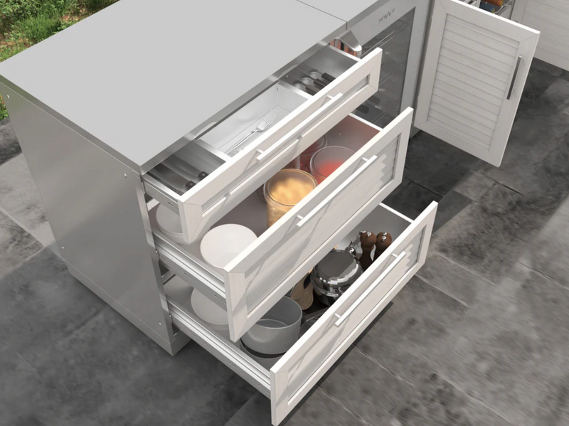 Outdoor Kitchen  Louvered White 5 Piece Cabinet Set with 3-Drawer, Bar, Grill Cabinet, Performance Grill and Countertop