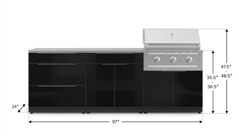 Outdoor Kitchen Aluminum 5 Piece Cabinet Set With 3 Drawer, Bar, Grill Cabinet, Performance Grill and Countertop