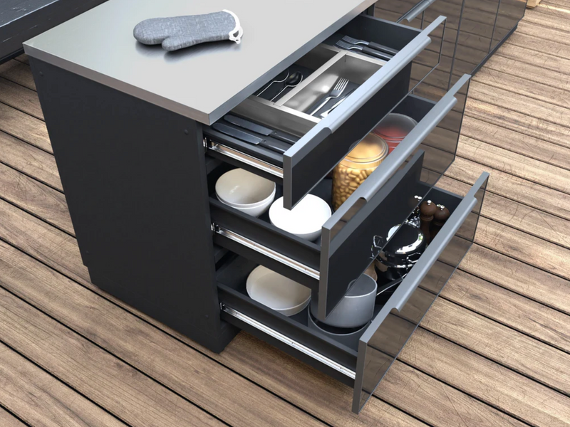 Outdoor Kitchen Aluminum 5 Piece Cabinet Set With 3 Drawer, Bar, Grill Cabinet, Performance Grill and Countertop