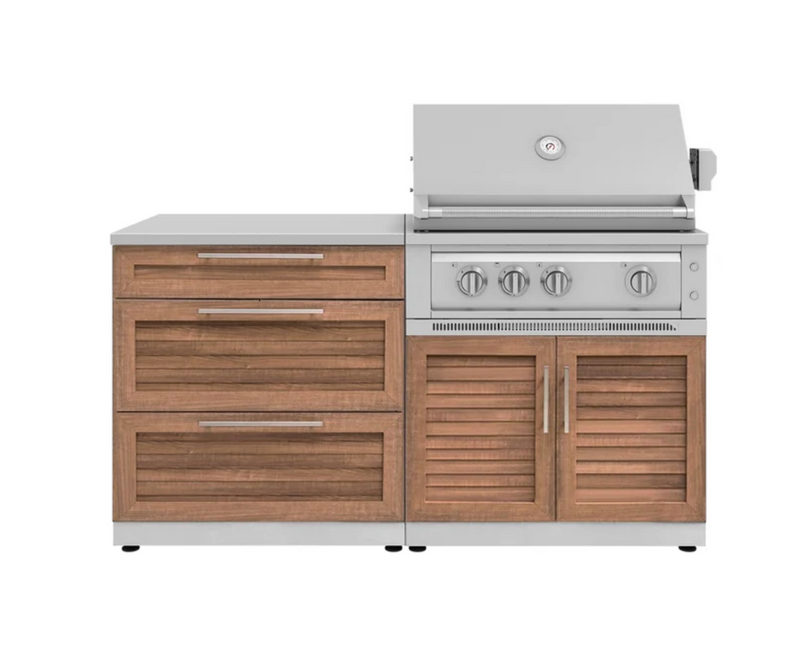 Outdoor Kitchen Grove 4 Piece Cabinet Set with 3 Drawer, Grill Cabinet, Platinum Grill, and Countertop