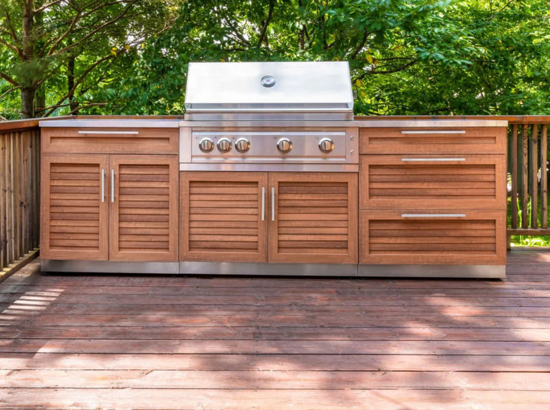 Outdoor Kitchen Grove 4 Piece Cabinet Set with 3 Drawer, Grill Cabinet, Platinum Grill, and Countertop