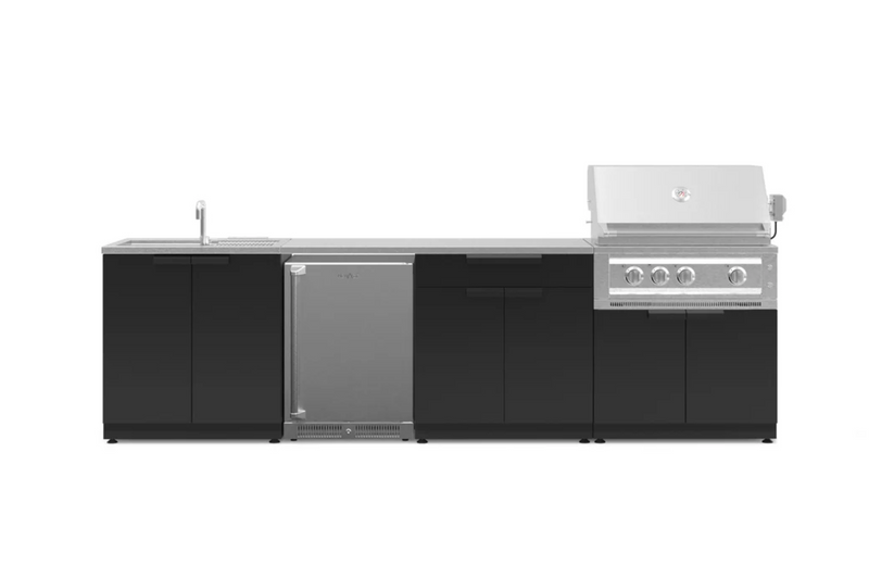 Outdoor Kitchen Black 6 Piece Cabinet Set with Sink, Bar, Grill Cabinet, Platinum Grill, Countertop and Stainless Steel Door Fridge