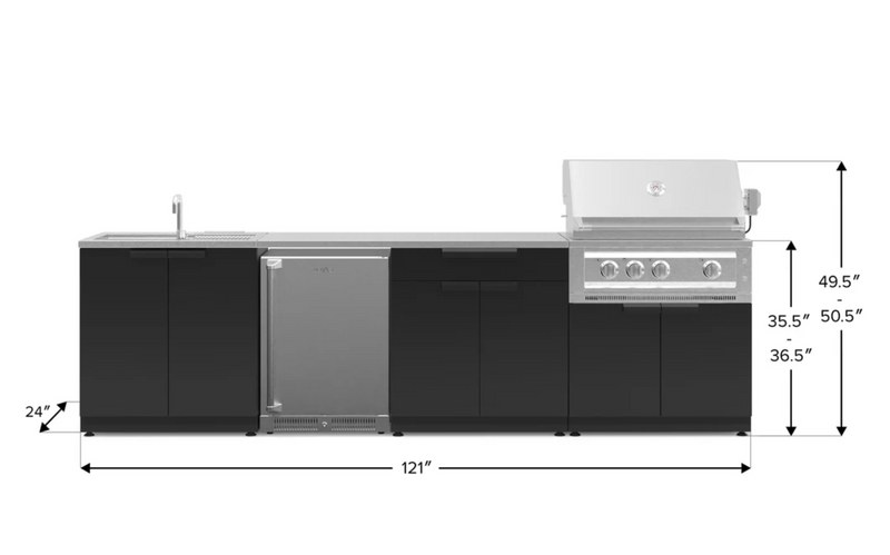 Outdoor Kitchen Black 6 Piece Cabinet Set with Sink, Bar, Grill Cabinet, Platinum Grill, Countertop and Stainless Steel Door Fridge