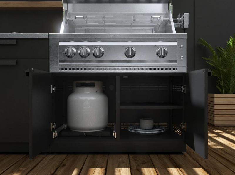 Outdoor Kitchen Black 6 Piece Cabinet Set with Sink, Bar, Grill Cabinet, Platinum Grill, Countertop and Stainless Steel Door Fridge