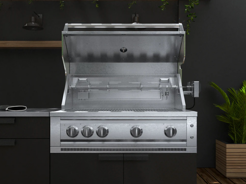 Outdoor Kitchen Black 6 Piece Cabinet Set with Sink, Bar, Grill Cabinet, Platinum Grill, Countertop and Stainless Steel Door Fridge