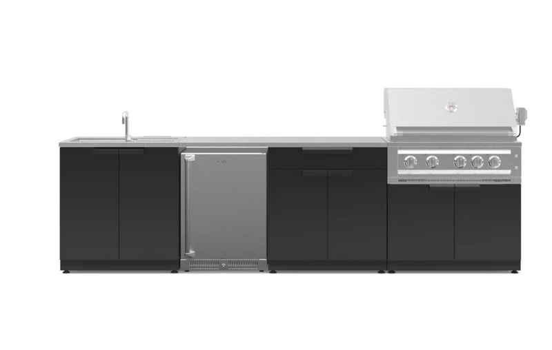 Outdoor Kitchen Black 6 Piece Cabinet Set with Sink, Bar, Grill Cabinet, Platinum Grill, Countertop and Stainless Steel Door Fridge