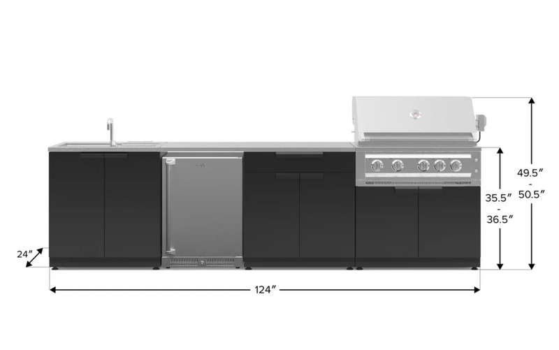 Outdoor Kitchen Black 6 Piece Cabinet Set with Sink, Bar, Grill Cabinet, Platinum Grill, Countertop and Stainless Steel Door Fridge