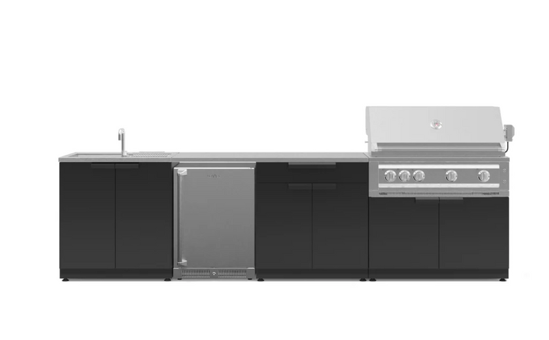Outdoor Kitchen Black 6 Piece Cabinet Set with Sink, Bar, Grill Cabinet, Platinum Grill, Countertop and Stainless Steel Door Fridge
