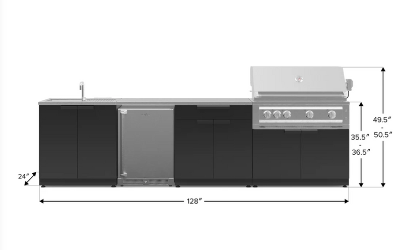 Outdoor Kitchen Black 6 Piece Cabinet Set with Sink, Bar, Grill Cabinet, Platinum Grill, Countertop and Stainless Steel Door Fridge