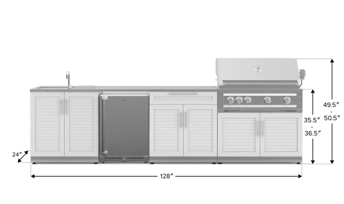 Outdoor Kitchen Stainless Steel 6 Piece Cabinet Set with Sink, Bar, Grill Cabinet, Platinum Grill, Countertop and Stainless Steel Door Fridge