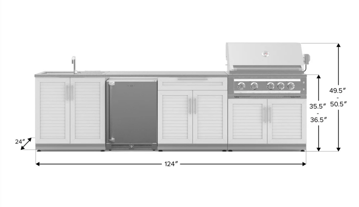 Outdoor Kitchen Stainless Steel 6 Piece Cabinet Set with Sink, Bar, Grill Cabinet, Platinum Grill, Countertop and Stainless Steel Door Fridge