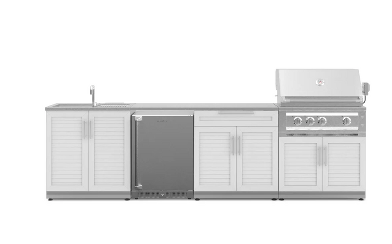 Outdoor Kitchen Stainless Steel 6 Piece Cabinet Set with Sink, Bar, Grill Cabinet, Platinum Grill, Countertop and Stainless Steel Door Fridge