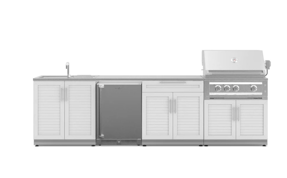 Outdoor Kitchen Stainless Steel 6 Piece Cabinet Set with Sink, Bar, Grill Cabinet, Platinum Grill, Countertop and Stainless Steel Door Fridge