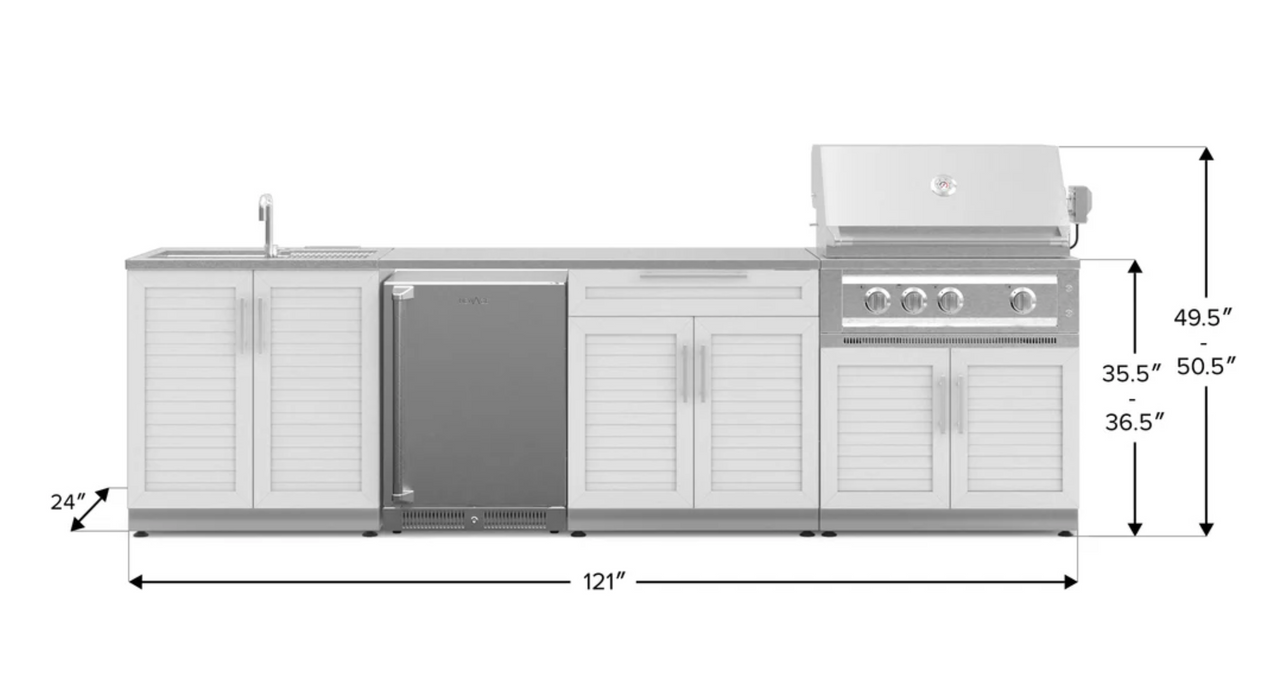 Outdoor Kitchen Stainless Steel 6 Piece Cabinet Set with Sink, Bar, Grill Cabinet, Platinum Grill, Countertop and Stainless Steel Door Fridge