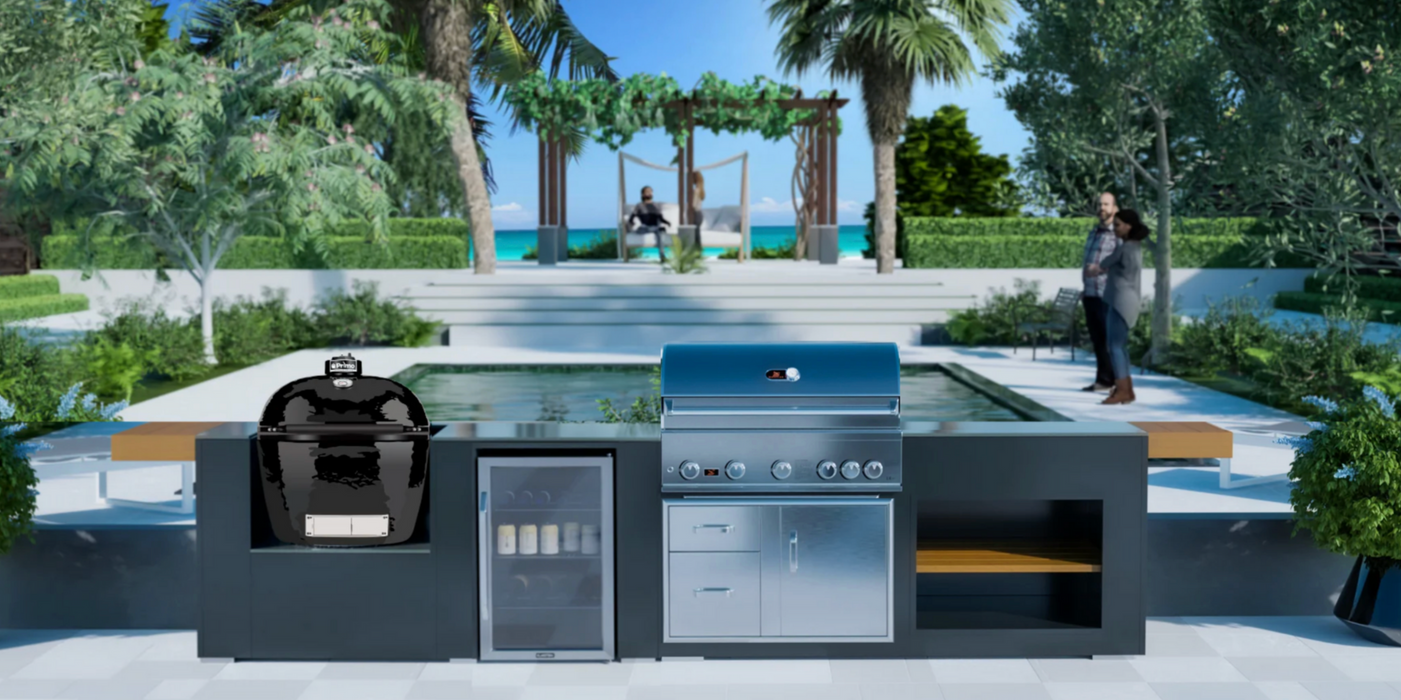 Grillandia Outdoor Kitchen Whistler Burford 5 Burner, Primo LG300, Fridge & Weather Cover