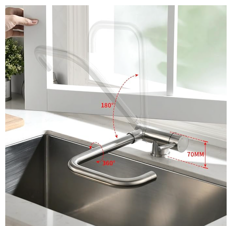 Folding Kitchen Mixer Tap with 2 Jets - 360° Swivel Spout, Stainless Steel 304