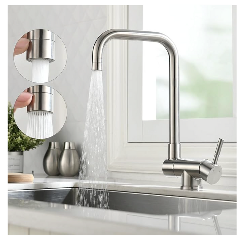 Folding Kitchen Mixer Tap with 2 Jets - 360° Swivel Spout, Stainless Steel 304