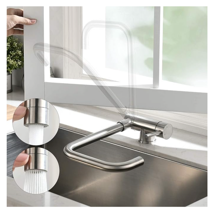 Folding Kitchen Mixer Tap with 2 Jets - 360° Swivel Spout, Stainless Steel 304