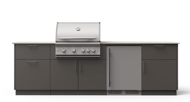 Blaze Morning Glow 10-Ft Outdoor Kitchen Island w/ 32-Inch Premium LTE+ Grill, Fridge in Gunmetal w/ Aeris Countertop