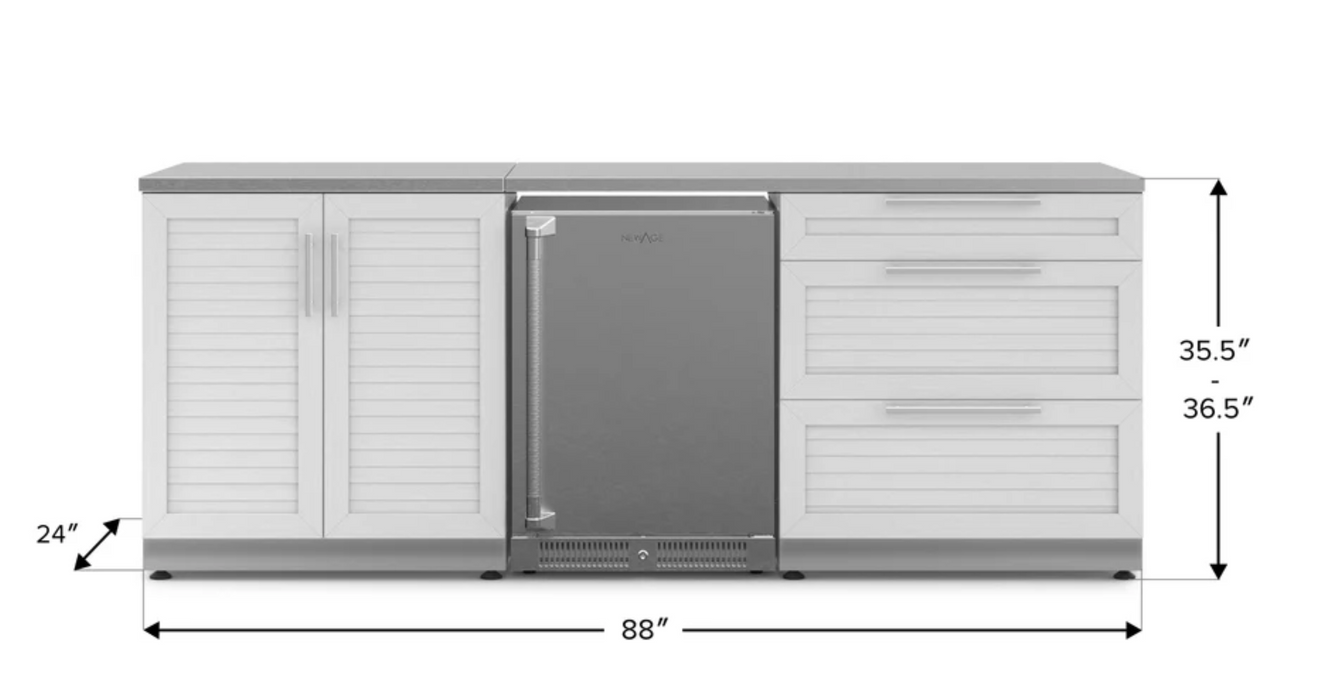Outdoor Kitchen Stainless Steel Louvered Doors 5 Piece Cabinet Set with 3-Drawer, Sink Cabinet, Countertops and Fridge