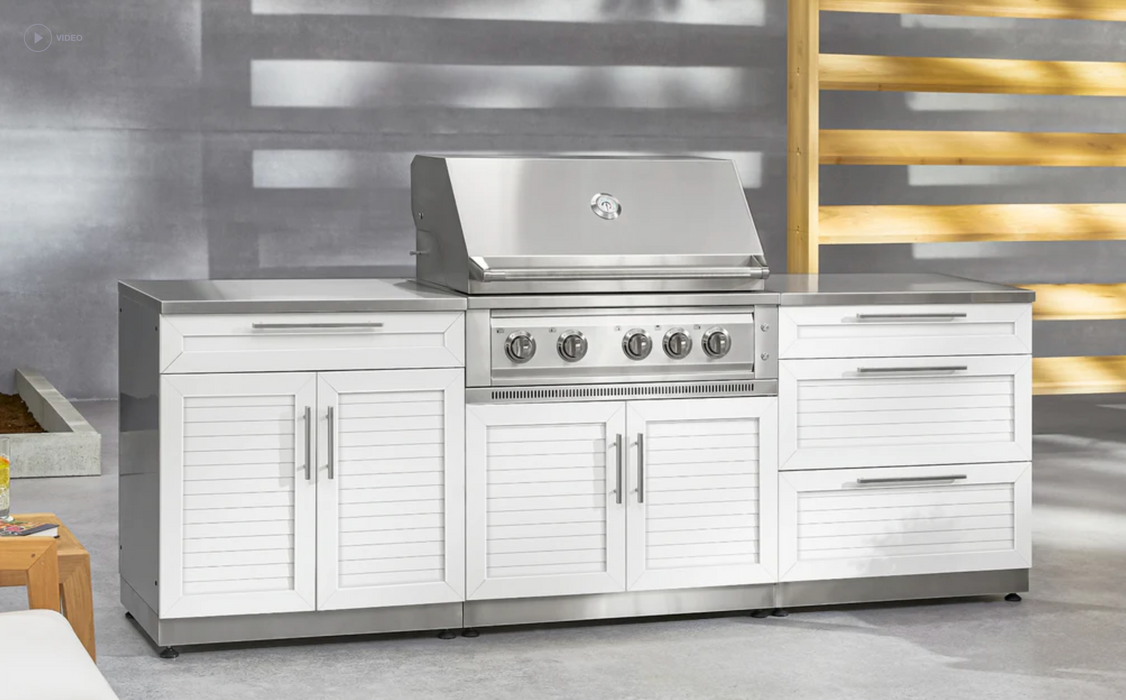 Outdoor Kitchen Stainless Steel Louvered Doors 5 Piece Cabinet Set with 3-Drawer, Sink Cabinet, Countertops and Fridge