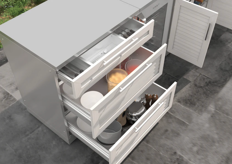 Outdoor Kitchen Stainless Steel Louvered Doors 5 Piece Cabinet Set with 3-Drawer, 2-Door Cabinet, Countertops and Fridge