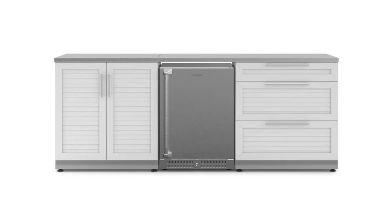 Outdoor Kitchen Stainless Steel Louvered Doors 5 Piece Cabinet Set with 3-Drawer, Sink Cabinet, Countertops and Fridge