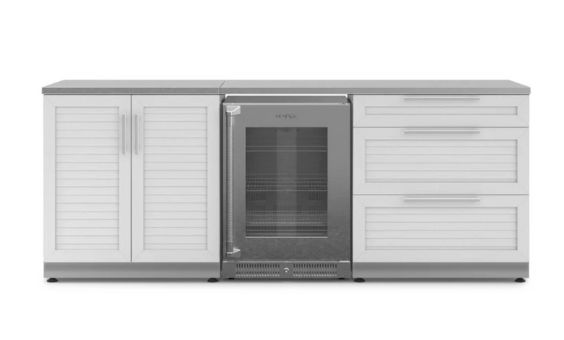 Outdoor Kitchen Stainless Steel Louvered Doors 5 Piece Cabinet Set with 3-Drawer, 2-Door Cabinet, Countertops and Fridge
