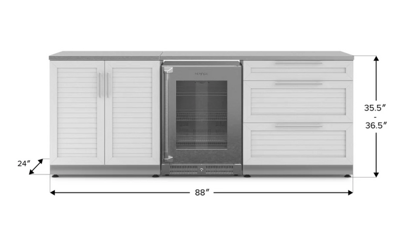 Outdoor Kitchen Stainless Steel Louvered Doors 5 Piece Cabinet Set with 3-Drawer, 2-Door Cabinet, Countertops and Fridge