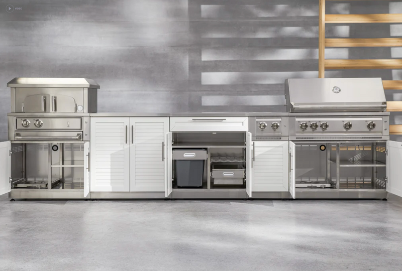 Outdoor Kitchen Stainless Steel Louvered Doors 5 Piece Cabinet Set with 3-Drawer, 2-Door Cabinet, Countertops and Fridge