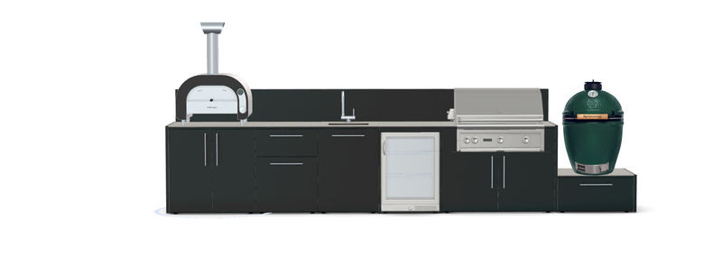 Outdoor Kitchen Elysia Paired with Gas Barbecue, Pizza Oven, Fridge, Sink and Green Egg