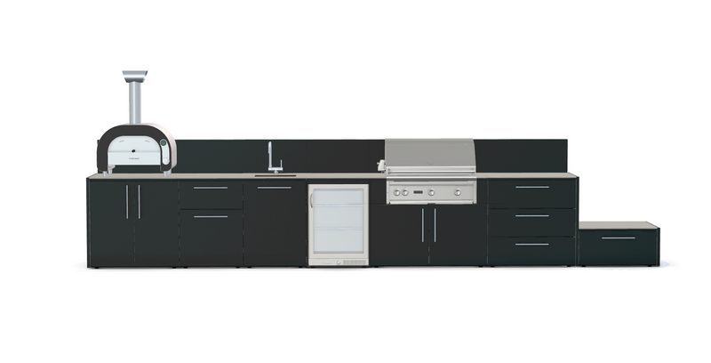 Outdoor Kitchen Elysia Paired with Gas Barbecue, Pizza Oven, Fridge, Triple Drawer, Sink and Green Egg