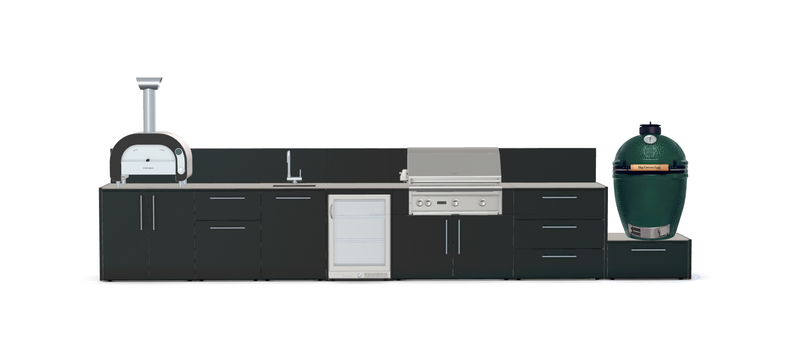 Outdoor Kitchen Elysia Paired with Gas Barbecue, Pizza Oven, Fridge, Triple Drawer, Sink and Green Egg