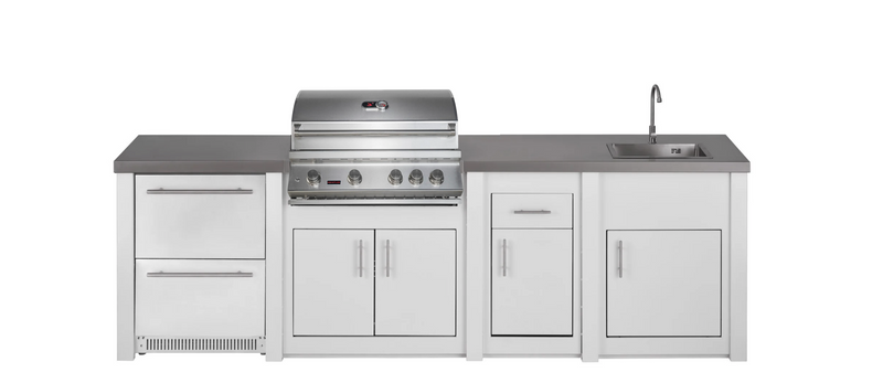 Stoll Aluminum Outdoor Kitchen White, Whistler 34-Inch 4-Burner Gas Grill Sink, and Double Drawer Fridge | 10FT