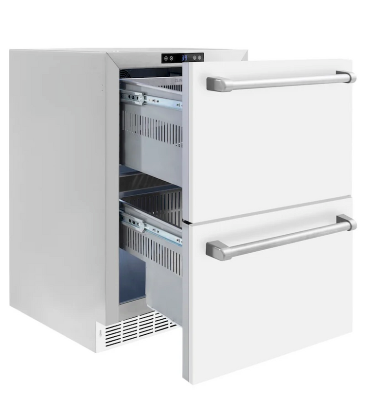 Stoll Aluminum Outdoor Kitchen White, Whistler 34-Inch 4-Burner Gas Grill, and Double Drawer Fridge | 10FT