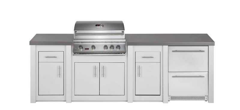Stoll Aluminum Outdoor Kitchen White, Whistler 34-Inch 4-Burner Gas Grill, and Double Drawer Fridge | 10FT