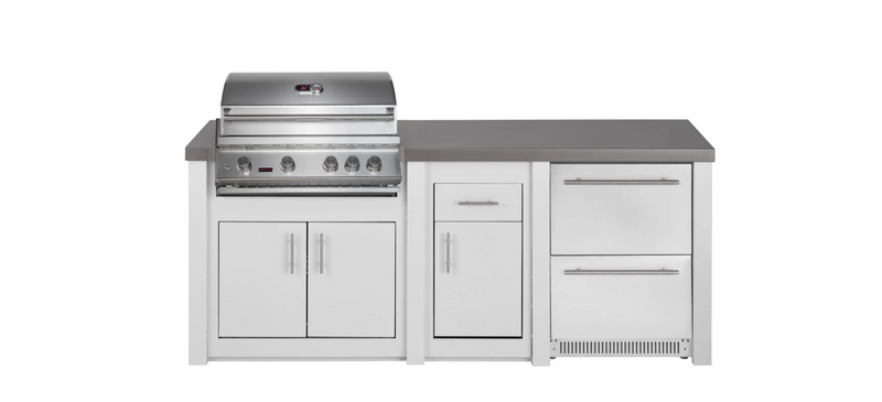 Stoll Aluminum Outdoor Kitchen White, Whistler 34-Inch 4-Burner Gas Grill, and Double Drawer Fridge | 8FT