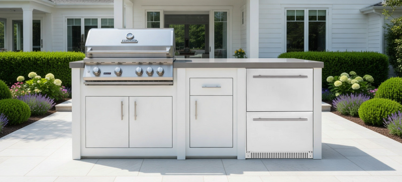 Stoll Aluminum Outdoor Kitchen White, Whistler 34-Inch 4-Burner Gas Grill, and Double Drawer Fridge | 8FT