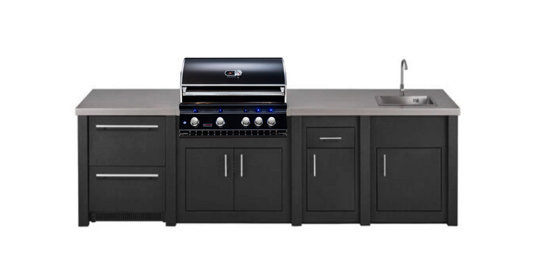 Stoll Aluminum Outdoor Kitchen Black, Whistler 34-Inch 4-Burner Gas Grill Sink, and Double Drawer Fridge | 10FT