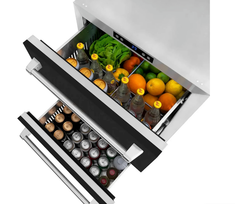 Stoll Aluminum Outdoor Kitchen Black, Whistler 34-Inch 4-Burner Gas Grill, and Double Drawer Fridge | 10FT